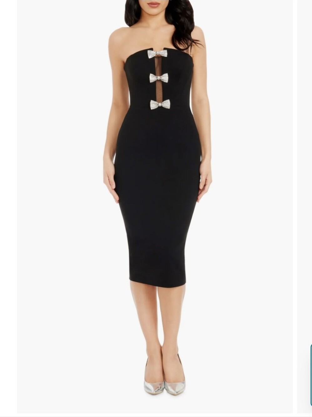 Dress the Population Black Strapless Midi Dress with Silver Bow Accents